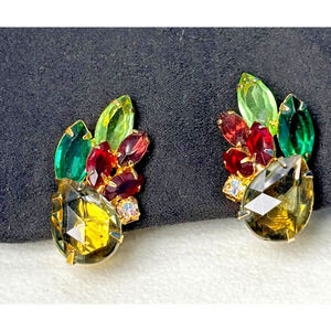 Vintage Multicolor Rhinestone Clip Earrings Topaz Green Red Statement 1950s